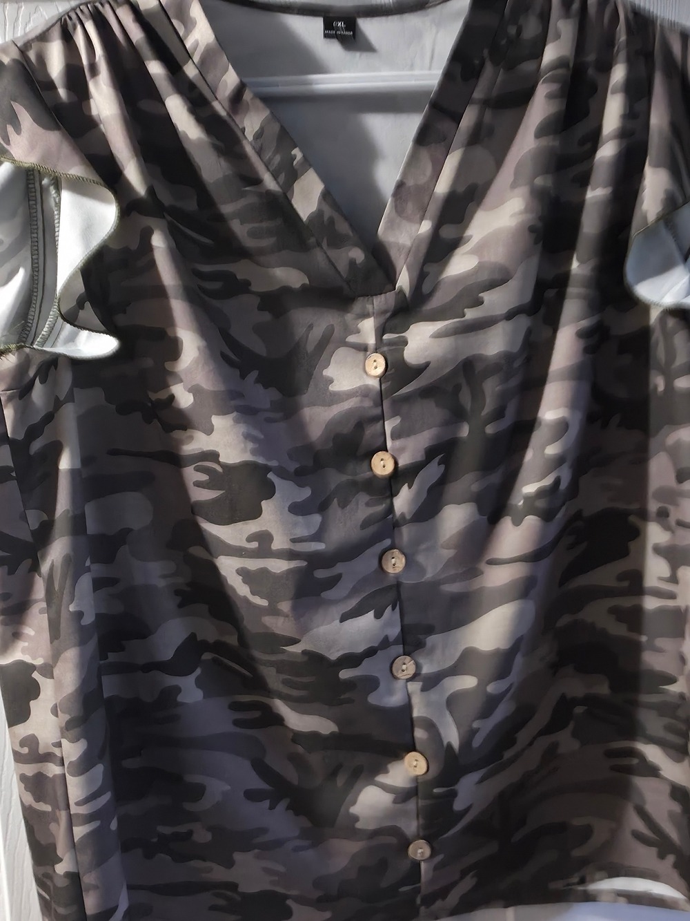 4/$25 Deal! V-Neck Button-Front Camouflage Blouse in Gray